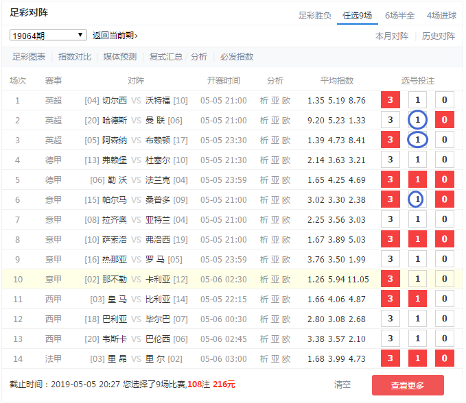 足彩第19065期任九32元72元144元216元实单推荐